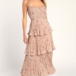 CASCADING PINK FLORAL PRINT TIERED MIDI DRESS